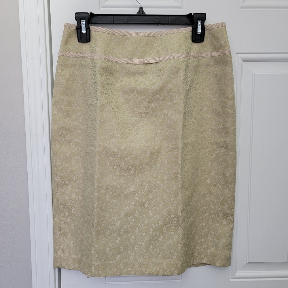 Ann Taylor Silk Blend Cream Light Green Ribbon Knee Length Pencil Skirt Size 6